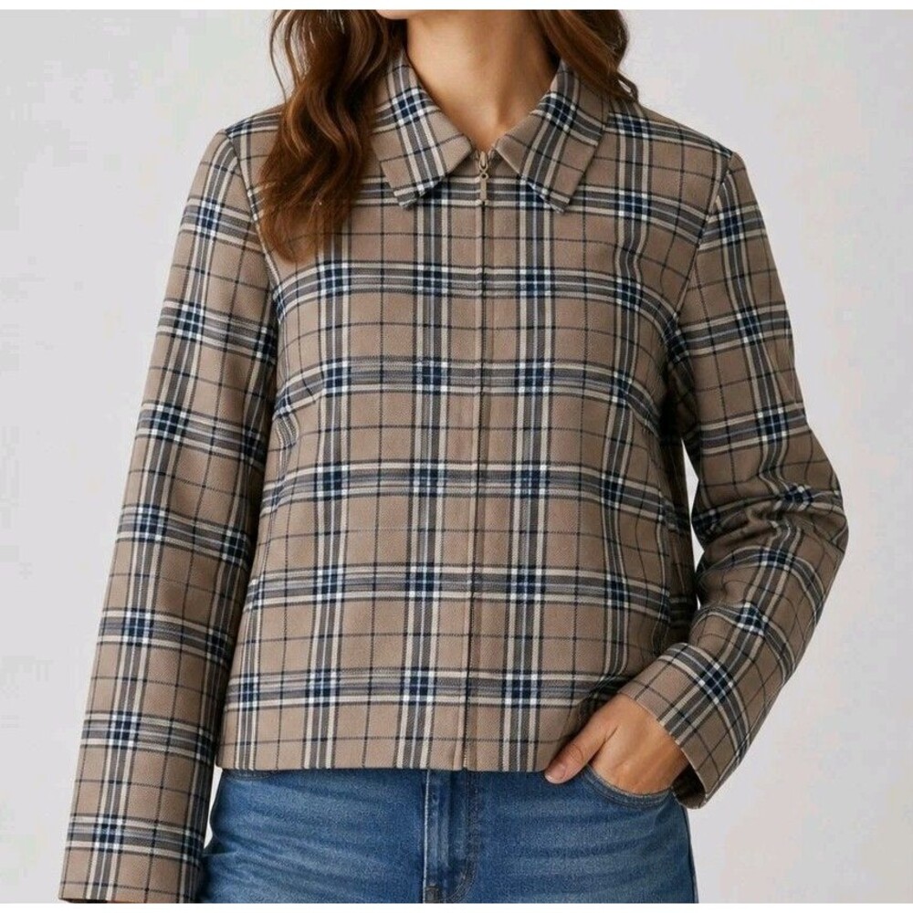 PENDLETON Women's 16W Brown Plaid 100% Virgin Wool Lined Full Zip Jacket
